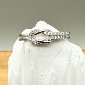 Sterling Silver 925 Adjustable Love Knot Ring CZ Stones Pave Bypass Band 1.6g